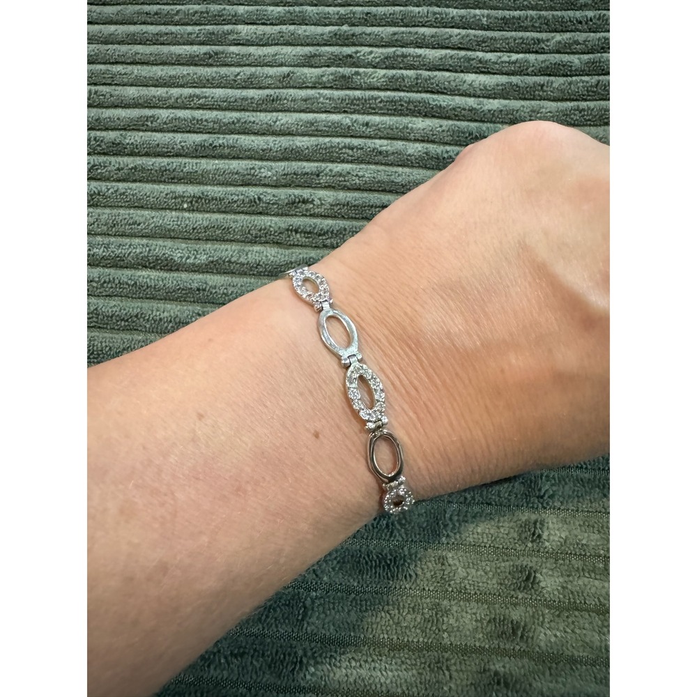 925 Sterling Silver‎ Diamond Chips Oval Link Bracelet Elegant Fine Jewelry